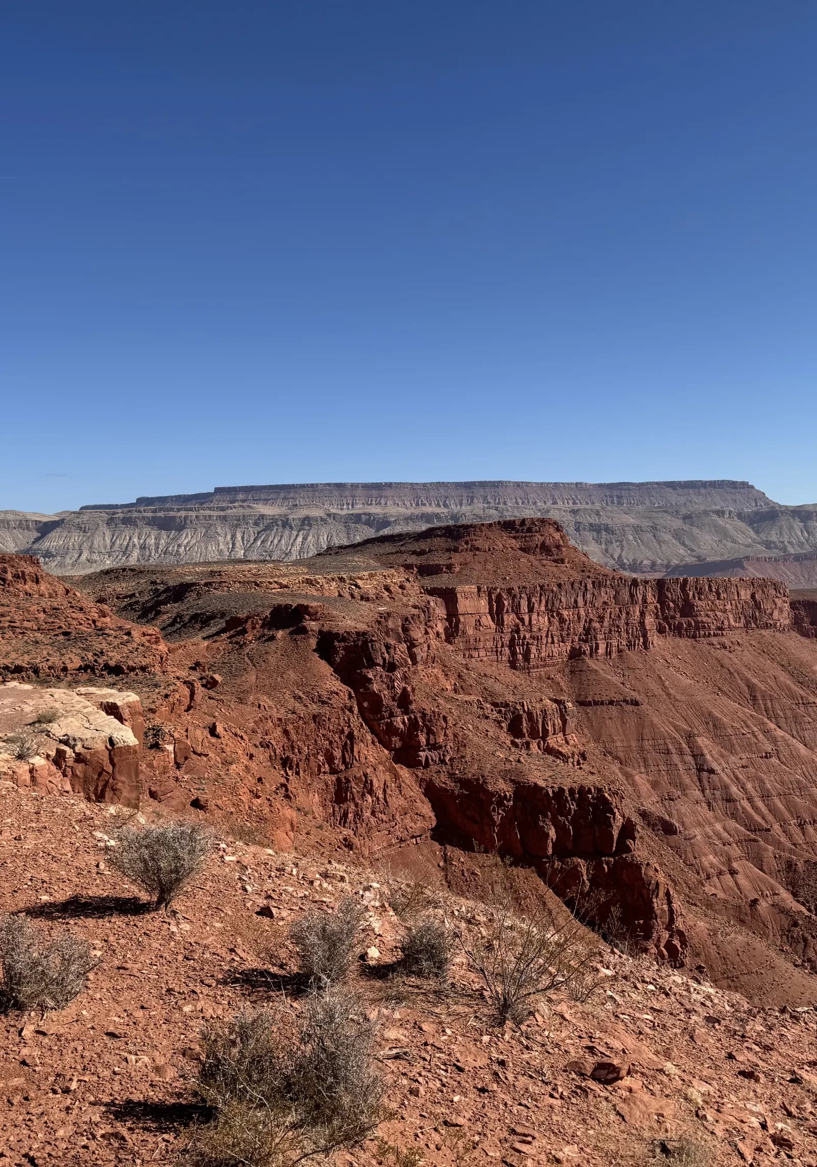Red rock canyon cliffs and distant mesa in Southern Utah